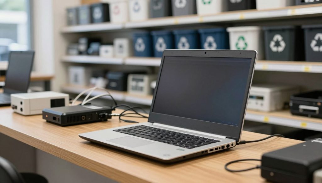 A household laptop ready for electronics recycling at a retailer