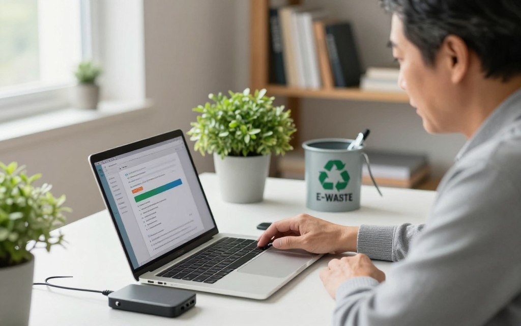 A laptop owner backs up information before e-waste recycling A laptop owner backs up information before e-waste recycling
